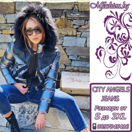 Дамско пухено яке с качулка, City Angels Jeans, сребрист лак, 6845